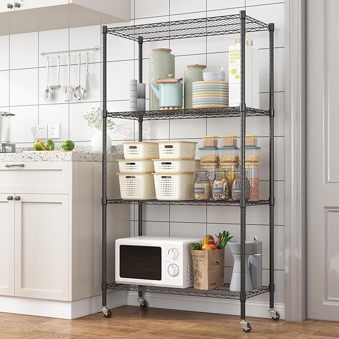 Homdox Heavy Duty 4-Tier Metal Shelving Unit with Adjustable Shelves, Rolling Storage Rack for Kitchen, Garage, Pantry, 36.02"x17.91"x74.41", Black