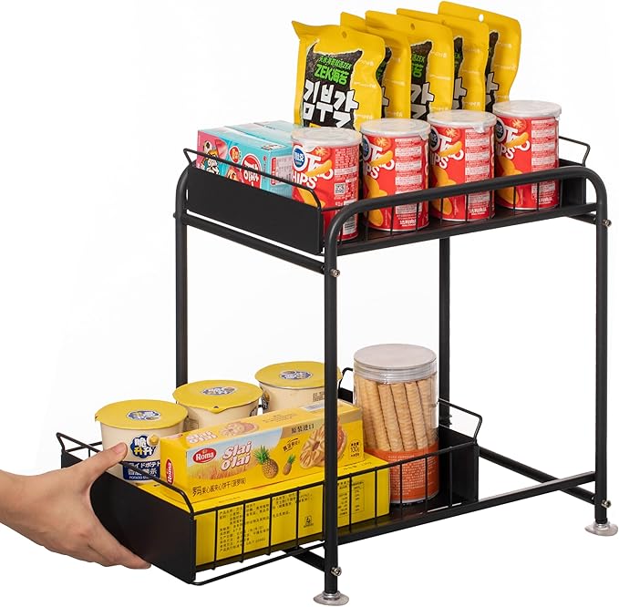 Basicwise Under Sink Organizer Sliding Wire Baskets Adjustable 2-Tier Metal Storage Rack for Bathroom Kitchen or Utility Cabinets Pull-Out Shelf for Cleaning Supplies & Pantry Essentials, Set of 2