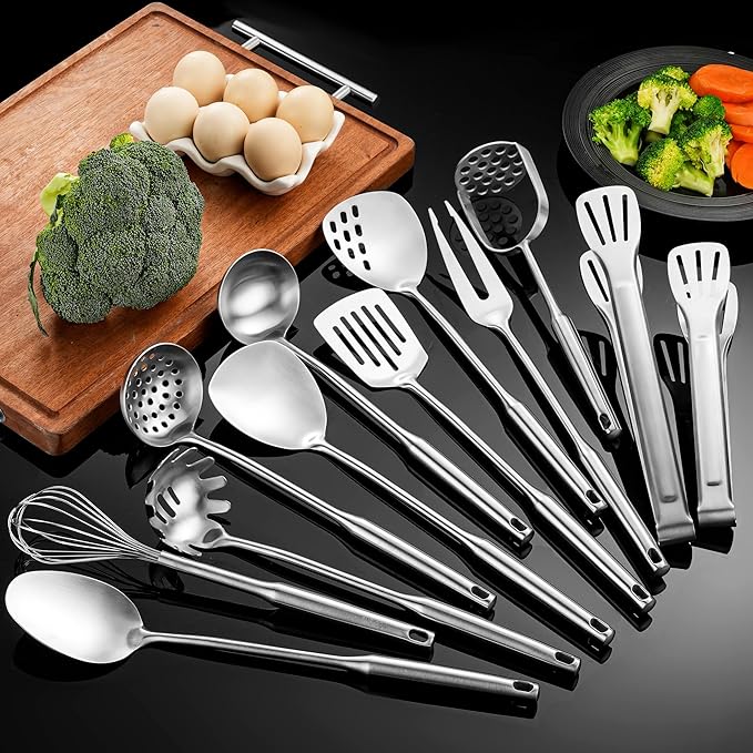 NIITAWH Stainless Steel Kitchen Utensils 12 Pcs, Small Cooking Utensils Set,Spatulas,Ladle,Skimmer,Tunners,Serving Spoon,Spaghetti Spoon,Fork,Potato Masher,Egg Whisk,Tongs,Dishwasher Safe