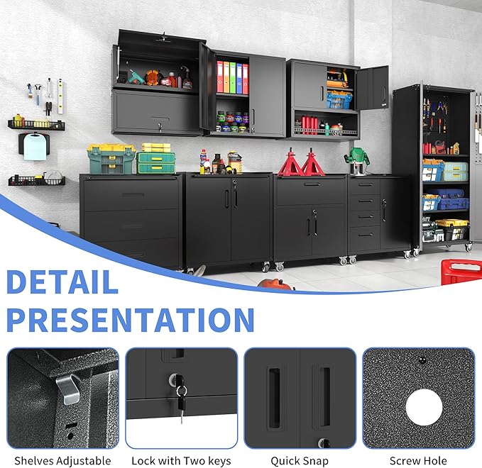 BIZOEIRON Garage Wall Cabinet with Doors and Shelves, Metal Wall Mounted Storage Cabinet with Lock, Hanging Tool Cabinet for Garage Utility Room, Black