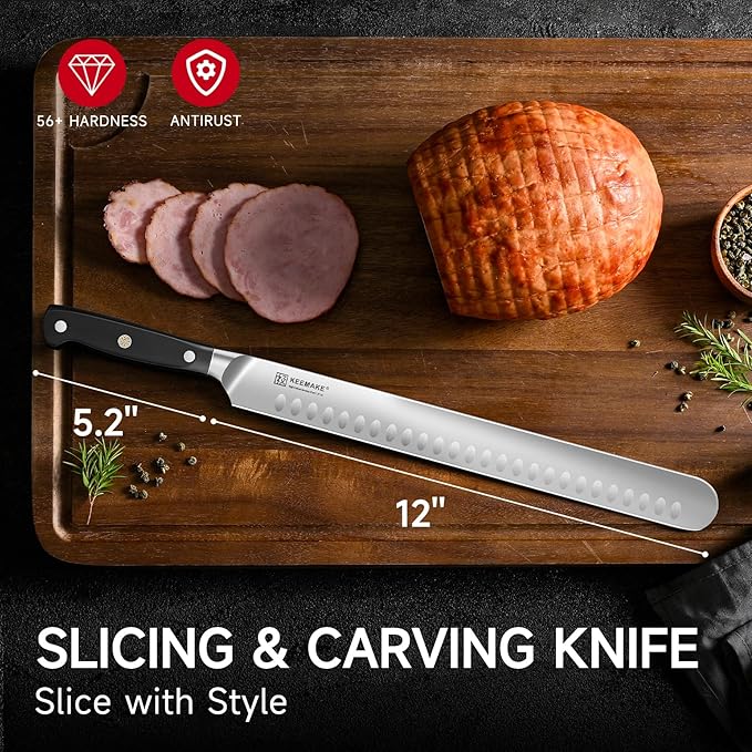 KEEMAKE Brisket Knife, 12 Inch Carving Knife, Razor Sharp German Steel Slicing Knives for Meat with Ergonomic Handle for Meat Cutting, Roasts, BBQ, Turkey