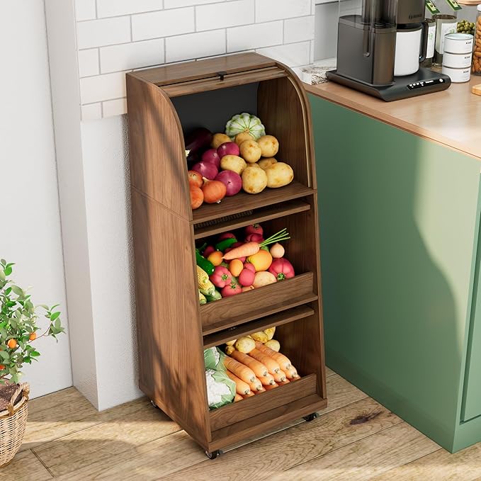 Movable Potato and Onion Storage Bins Box, Mid Century Modern Fruit and Vegetable Basket Storage with Sliding Door and Wheels, Food Kitchen Pantry Cabinet, Wooden Bread Storage, Walnut, Flip-top