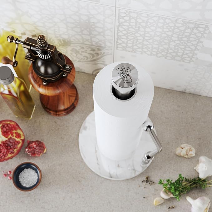 Paper Towel Holder with Marble Base – Heavy Weighted Countertop Holder, Stainless Steel Stand with Natural Stone Base, Modern Kitchen Paper Towel Dispenser
