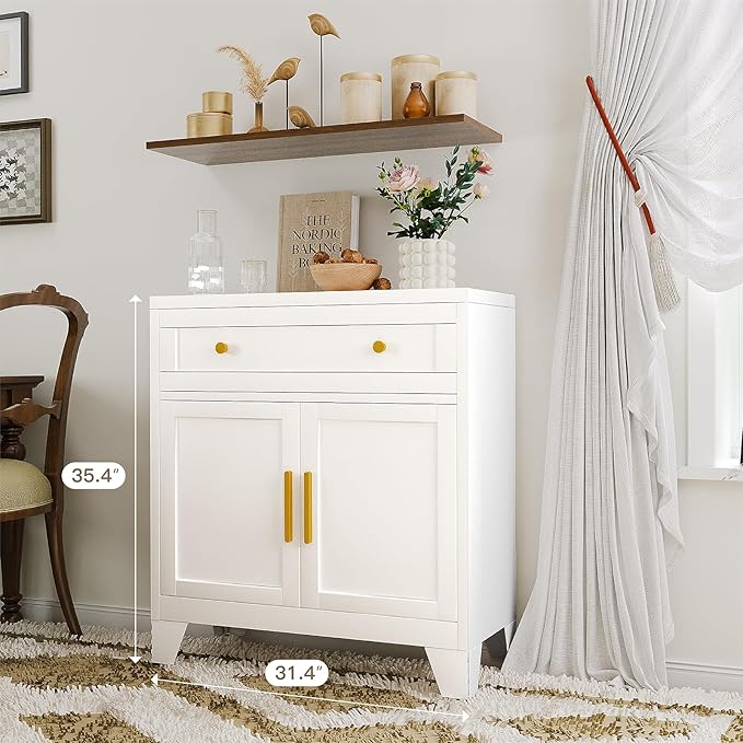 YAUWOH Metal Sideboard Cabinet with Big Drawers,Farmhouse Coffee Bar with One Adjustable Shelves,Buffet Cabinet,Metal Storage Cabient for Kitchen, Dining Room, Entryway, White