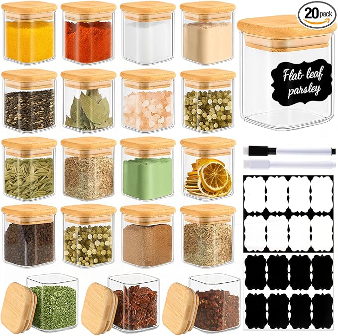 20 Pack 4 oz Square Glass Spice Jars with Lids and Labels – Airtight Small Seasoning Containers Set, Clear Glass Storage Jars for Seasoning, Spices, Kitchen Pantry Organization