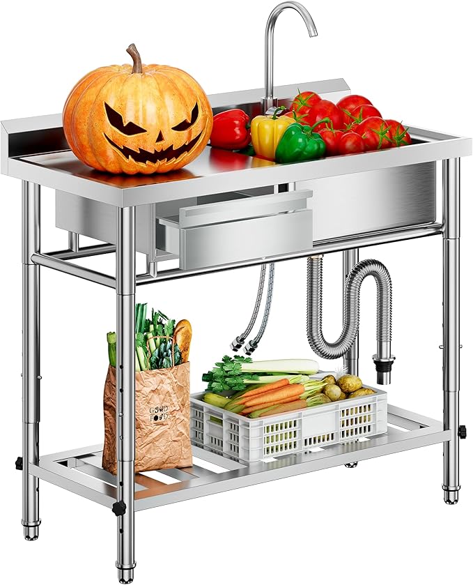 4-Height Adjustable 39" Utility Sink 18/8 Stainless Steel, 400lb Capacity & Storage Drawer, Freestanding Laundry Sink Workstation for Garage, Kitchen, RV, Basement