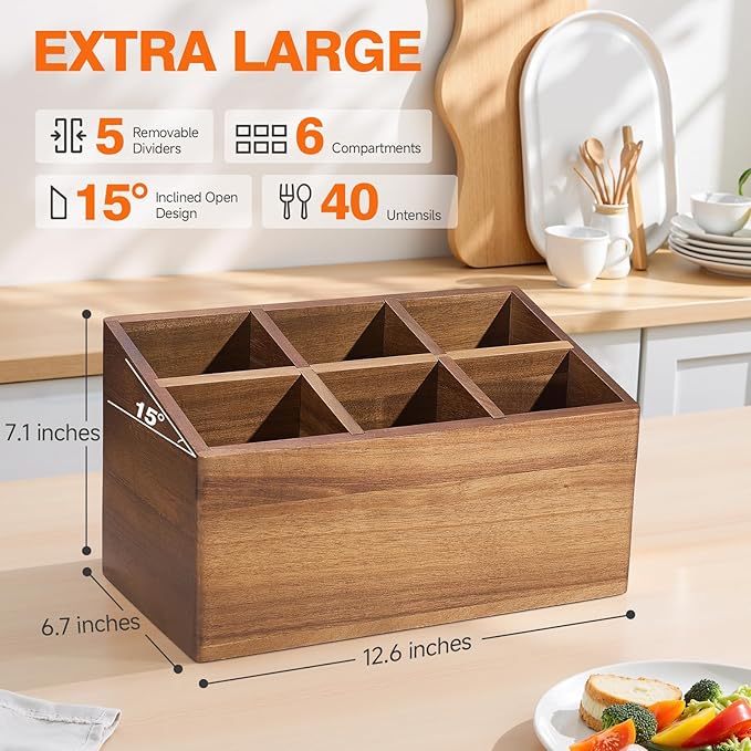 ONEARF Wooden Utensil Holder Counter, Kitchen Utensil Organizer Large 6 Compartment Cooking Utensils Holder, Acacia Rustic Wood Farmhouse Storage Container Crocks for Silverware and Cooker Set