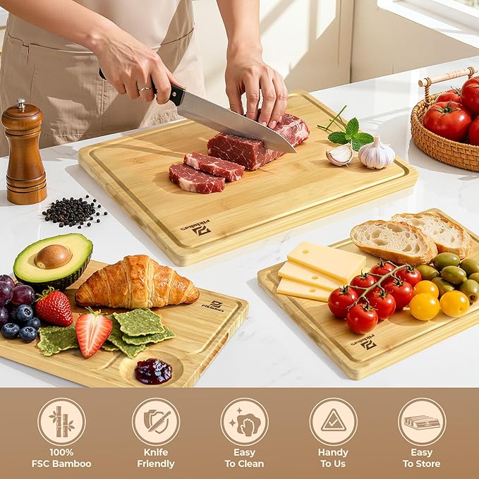 Piklohas Large Bamboo Cutting Boards Set of 4 for Kitchen, Bamboo Charcuterie Chopping Board with Holder Non Slip, Steak Serving Tray with Juice Groove, Big Butcher Block for Cheese, Ideal for Gift