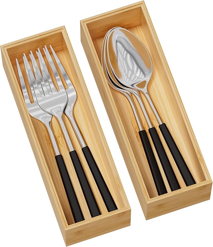 Greatseas Kitchen Drawer Organizer Bins, Stackable Bamboo Deep Drawer Organizer for Silverware, Utensils, Cutlery, Flatware, Junk Drawer, Dresser, Bathroom, 9" x 3" x 2.5" (Set of 2)