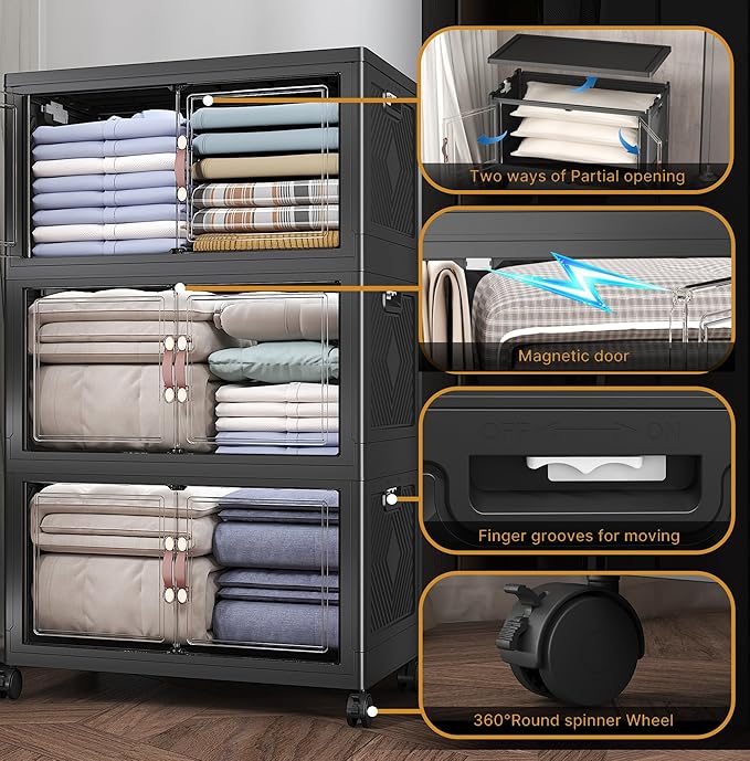 Extra Large Stackable Storage Bins with Lids & Wheels, 165QT-55QT/14GAL*3Pack Foldable Collapsible Closet Organizers Dark Storage Cabinet with Doors for Bedroom Dorm