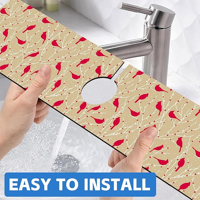 Christmas Cardinal Birds Kitchen Sink Splash Guard Mat Absorbent Fast Drying Mat Faucet Draining Mat Sink Splash Guard Behind Faucet Drip Catcher for Kitchen Bathroom 5.5"×24"