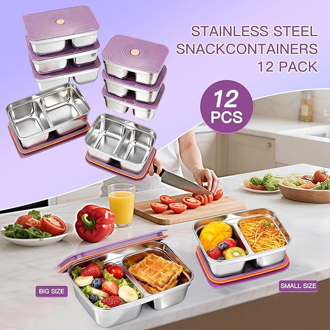 12-Piece Stainless Steel Snack Containers Reusable, Grab and Go 2 Compartment Food Storage Containers with Leakproof Lids for Travel and Outdoor Camping School Lunch Prep Dishwasher Safe