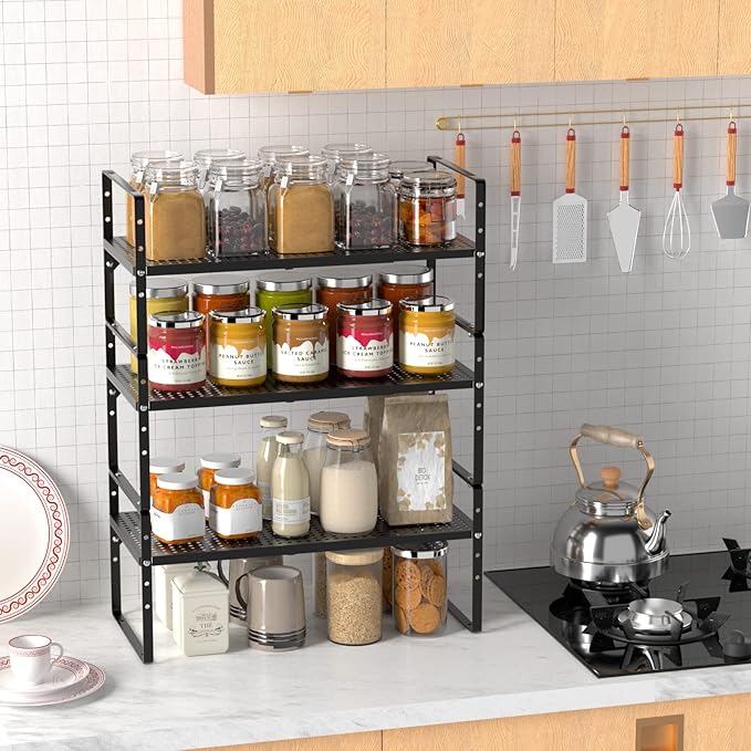 Redrubbit Large Expandable Cabinet Storage Shelf, Adjustable Height Steel Metal Kitchen Counter Organizers Shelves Spice Rack for Kitchen Pantry Bathroom Cupboard Desk Home Office, Black-3 Pack
