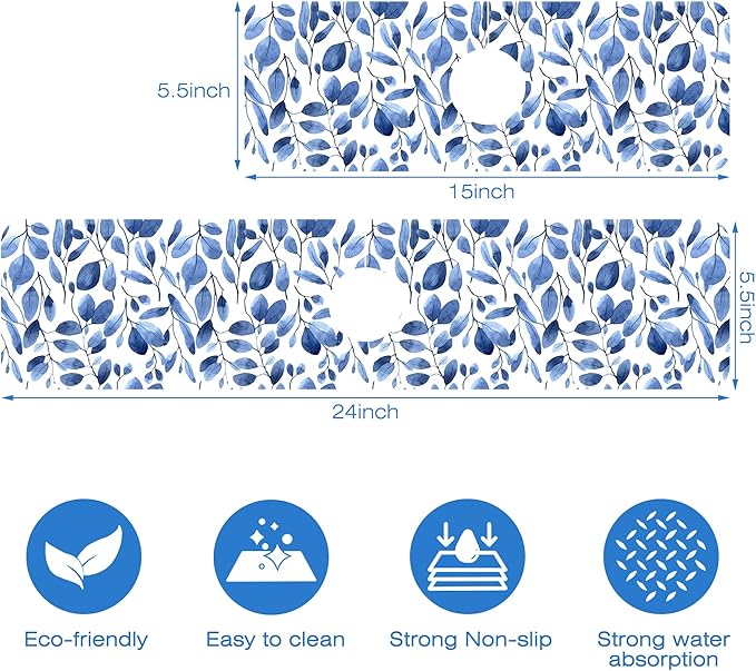 Watercolor Blue Leaves Sink Faucet Absorbing Mat Sink Splash Guard Faucet Mat Draining Mat Fast Drying Sink Protectors for Kitchen and Bathroom 5.5"×24"