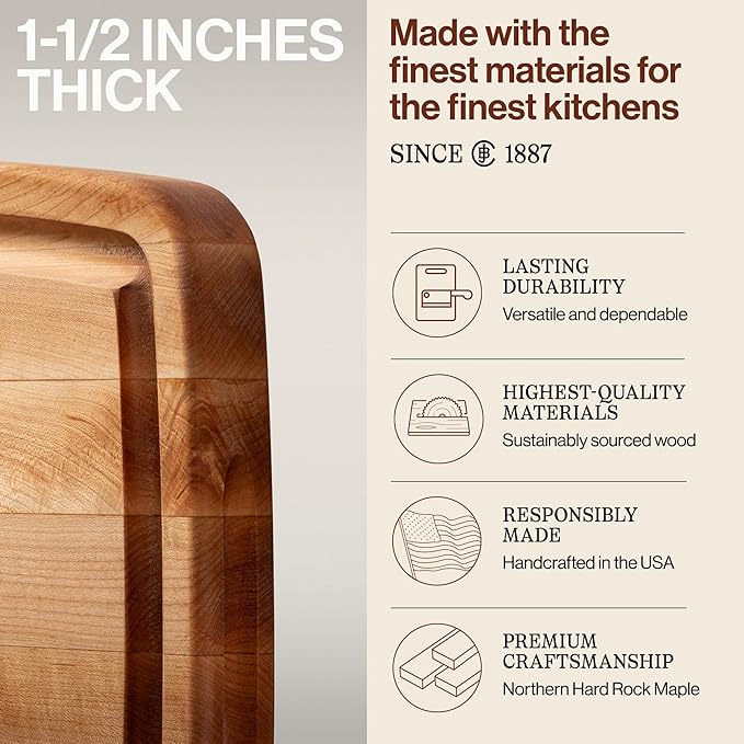 John Boos CB Series Rectangular Wooden Maple Cutting Board 20”x14” – 1.5” Thick, 12-lb Reversible Butcher Block with Rounded Edges, Juice Groove, Edge-Grain & Finger Grips – Made in the USA