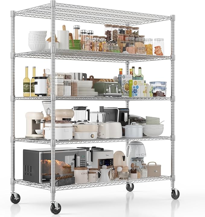 Homdox 5 Tier Heavy Duty Storage Shelves, Wire Shelving Unit with Wheels, Commercial Adjustable Metal Shelves for Storage, Garage Rack Pantry Shelves Kitchen Shelving, 24"x 60"x 82", Chrome