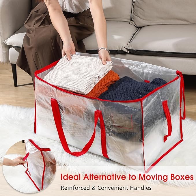 Aliceset 12-Pack Clear Moving Bags 90.84L Heavy Duty Extra Large Storage Totes with Reinforced Handles & Zippers, for Moving, College Dorm, Traveling(Red)