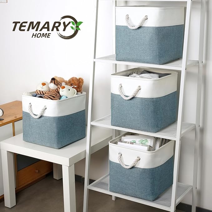 Temary 12 Inch Cube Storage Baskets 4 Pack Fabric Storage Bin for Organizing, Shelf Baskets for Home Office Closet, Collapsible Cube Storage Bins (White&Dark Green)