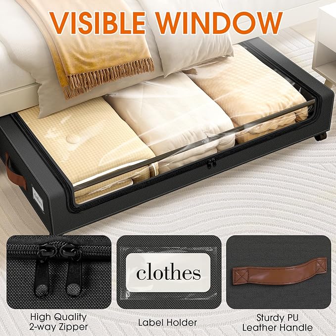 Under Bed Storage with Wheels 1Pack Storage Containers with Clear Window&Label Under Bed Drawers Rolling Under Bed Storage for Clothes,Shoes, Blankets (30.71 x 16.93 x 6.69 in, Black)