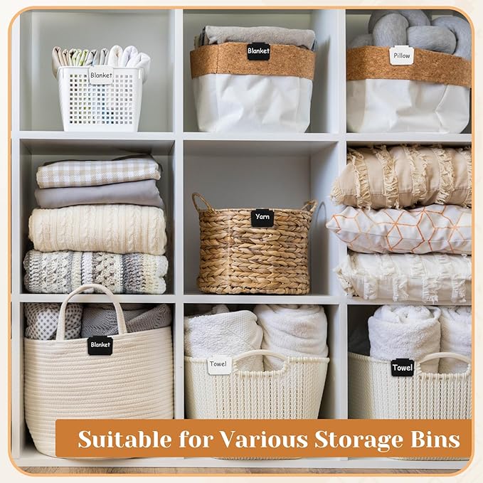 50 Pcs Basket Labels Clip on with 4 Black Chalk Markers Reusable Plastic Storage Bin Erasable Labels Kitchen Pantry PVC Tag Stickers for Fabric Cubes Basket Box Organization (White and Black)