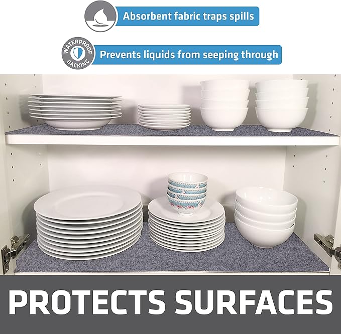 Drymate Premium Luxury Shelf & Drawer Liner, Thick Cushioned Fabric, Non-Adhesive, Absorbent, Waterproof, Slip-Resistant, Liners for Kitchen Cabinets, Cupboards(USA Made)(12”x59”)(24-Pack)(Light Grey)