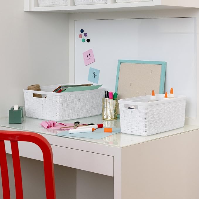 Curver Set of 8 Slim 6.8L Jute Decorative Plastic Organization and Storage Baskets - Perfect Bins for Home Office, Closet Shelves, Kitchen Pantry and All Bedroom Essentials, White