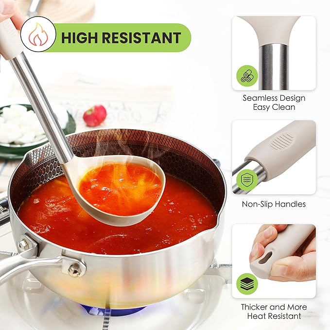 Large Cooking Utensils Set, 35 Pcs Silicone Kitchen Utensils Set with Holder, Stainless Steel Handle Spatula Set, Heat Resistant Food Grade Silicone Kitchen Gadgets for Non-stick Cookware (Khaki)