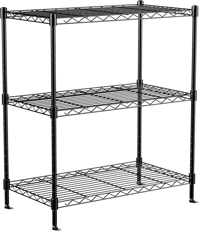 3-Tier Wire Shelf Rack,24" Dx14 Wx 30" H,Wire Metal Shelving with Lockable Wheels,Height Adjustable Storage Standing Shelves for Kitchen,Living Room,Laundry,Office,Pantry,Studio,Black