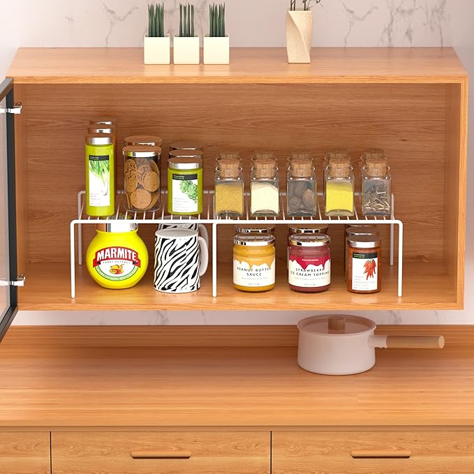 GEDLIRE Kitchen Cabinet Expandable Shelf Organizers Set of 2, Adjustable Metal Wire Pantry Storage Shelves, Plate Dish Organizer Rack for Cabinets, Cupboard, Counter, Freezer, Countertop, White