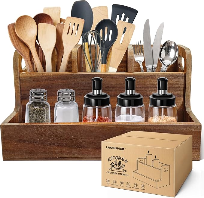 LAGOUPICK Kitchen Utensil Holder for Countertop with 4 Compartments Acacia Large Utensil Holder Wooden Storage for Cooking,Baking,Flatware Tool Kitchen Utensil Organizer