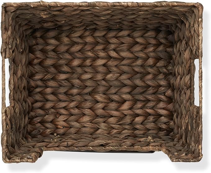 Casafield Set of 2 Water Hyacinth Pantry Baskets with Handles, Chalkboard Labels, and Marker - Espresso, Wide Woven Storage Bin Organizers for Kitchen Shelves