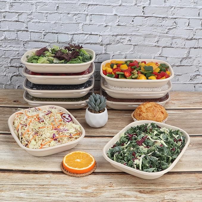 JAYEEY 28 oz Disposable salad bowls with lids, Sugarcane Fiber Paper Bowls take away food containers meal prep Plant Fiber deli container 50 Pack