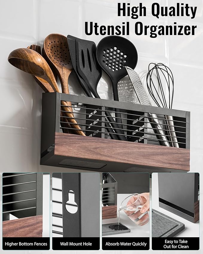 awesohome Utensil Holder for Kitchen Counter, Cooking Utensil Holder with Stone Drying Mat for Storage Spatula, Ladle, Scoop in Farmhouse Countertop with Wooden Pattern Printed, Matte Grey