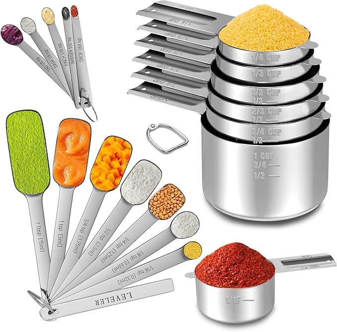 Minteem Stainless Steel Measuring Cups and Spoons Set of 20, 7 Nesting Measuring Cups, 7 Spoons & 1 Leveler, 5 Mini Spoon, Kitchen Gadgets for Cooking & Baking, Square