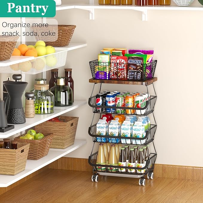 Fruit Basket with Wooden Lid for Kitchen, 4-Tier Stackable Wire Fruit Vegetable Storage Basket Organizer Stand on Wheel, Produce Basket Potato Onion Storage Bins Rack Cart for Pantry