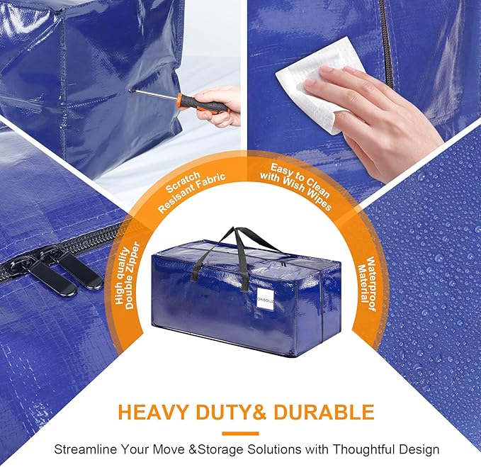CHVEGLUZ 4 Packs Moving Bag Heavy Duty Extra Large,Storage Bags with Zipper&Handles, Sturdy&Durable Clothes Storage Bag Totes for College Dorm Essentials, Moving Boxes for College Supplies, Blue