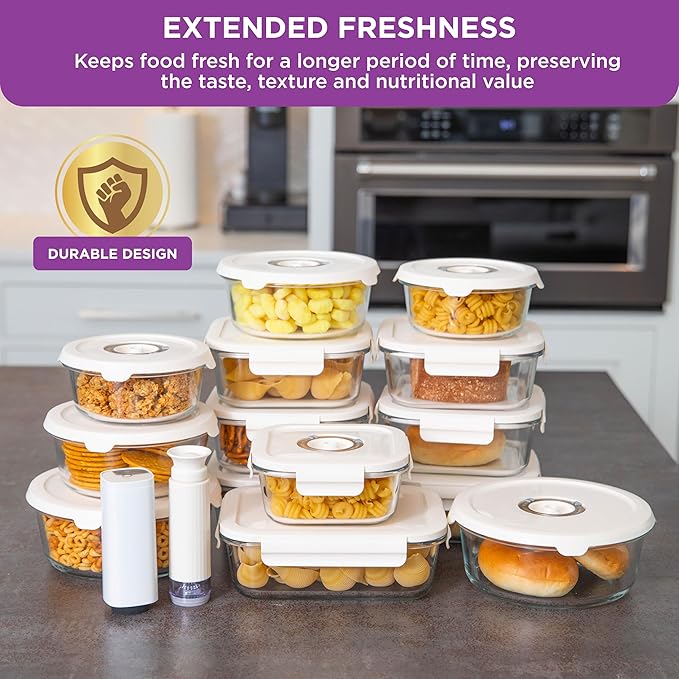 HOLDN’ STORAGE Vacuum Food Storage Containers, Set of 4 Compartment Containers & Electronic Pump - Keep Food Fresh Longer, BPA-Free Glass, Leak-Proof, Ideal for Meal Prep, Marinating