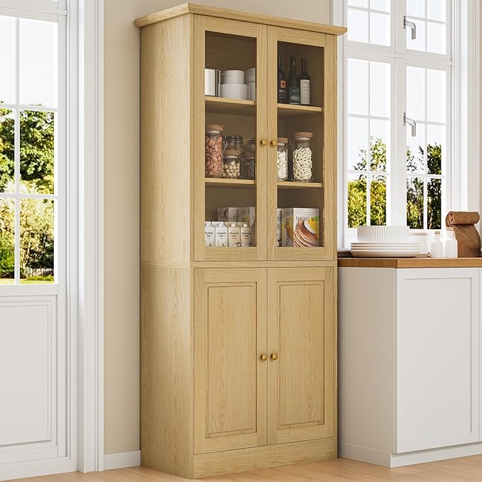71" Kitchen Pantry Cabinet with Glass Doors, Modern Coffee Bar Storage Cabinet with Adjustable Shelves & Wooden Doors, Freestanding Cupboard for Dining Room or Living Room, Natural Wood