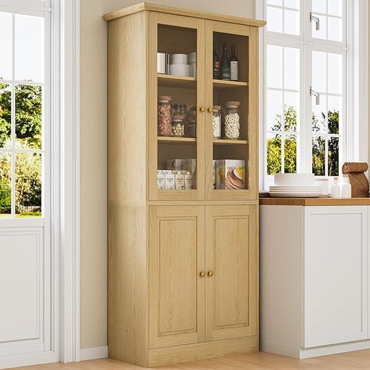 71" Kitchen Pantry Cabinet with Glass Doors, Modern Coffee Bar Storage Cabinet with Adjustable Shelves & Wooden Doors, Freestanding Cupboard for Dining Room or Living Room, Natural Wood