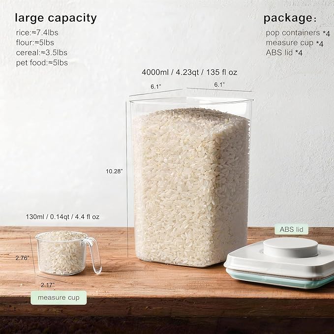 Airtight Food Storage Container with Pop Lid & 130ml Scoop, BPA-Free Cereal, Rice, Flour, Pasta & Snack Container, Stackable & Durable, Kitchen Pantry Organizer (4000ml / 4.2qt *4)