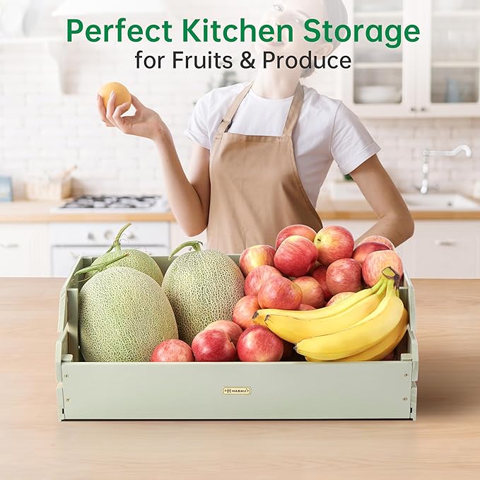 HABAU Potato Onion Storage Bin - Wood Stackable Produce Basket with Handles - Fruit and Vegetable Storage for Kitchen and Pantry Counter Organization - 1 Pack