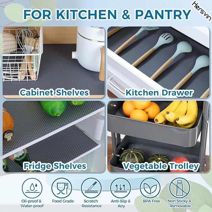 Hersvin Shelf Liners, 24in x 20ft Kitchen Drawer Mats, Non-Adhesive EVA Cupboard Protector, Cabinet Lining (Dark Gray/Dot)
