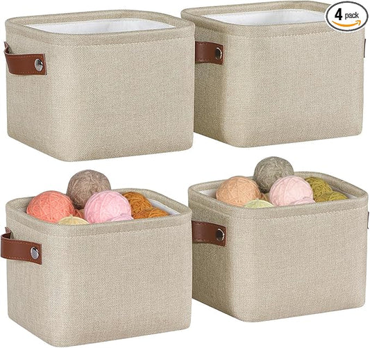 Kntiwiwo Small Fabric Storage Bins, 7.8x6.7x5.9 inch Mini Storage Cubes 4-Pack Storage Basket for Makeup Collapsible Fabric Storage Organizer with Handles, Decorative Basket for Desk, Shelves, Brown