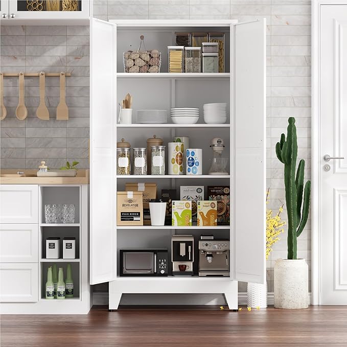 YNIQUESTLE Farmhouse Pantry Cabinet,71" H x 31.5" W,Metal Cabinet with Adjustable Shelves and Barn Doors,5-Tier Storage Cabinet for Kitchen Dining Room Garage,White