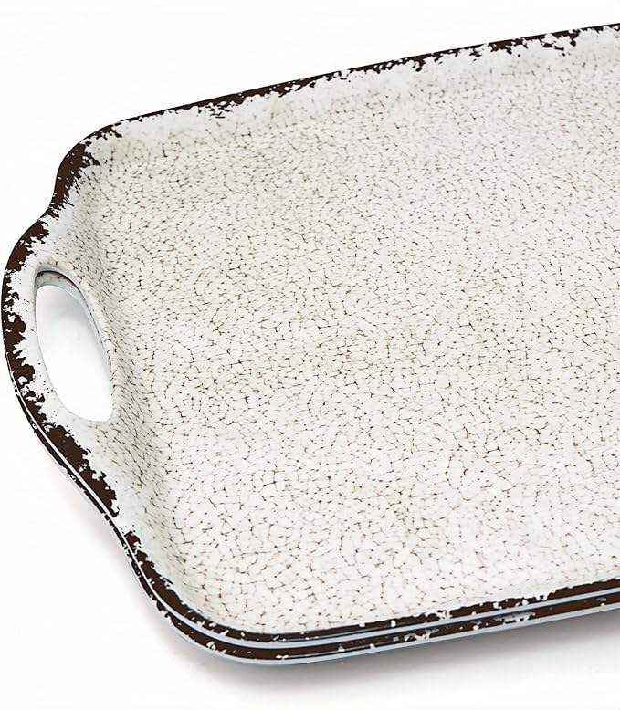 TP Large Serving Trays with Handles, 19" x 12" Melamine Serving Platters for Food, Turkey, Set of 2 Rectangular Trays for Party, Rustic White