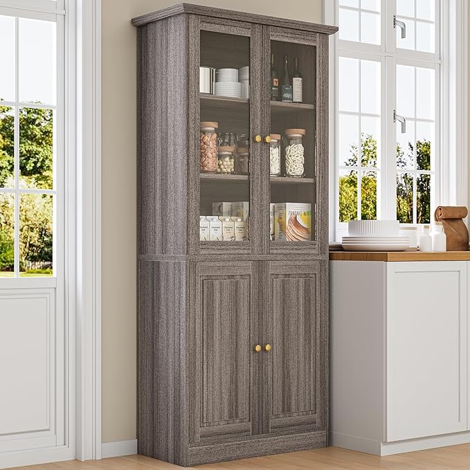 LotaTools 71" Kitchen Pantry Cabinet with Glass Doors, Modern Coffee Bar Storage Cabinet with Adjustable Shelves & Wooden Doors, Freestanding Cupboard for Dining Room or Living Room, Vintage Brown