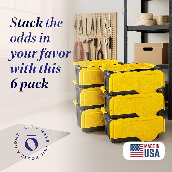HOMZ 6-Pack Durabilt Tote, Heavy Duty Plastic Storage Bins with Lids, 15 Gallon, Black/Yellow - Stackable Organizing Containers for Home, Garage, and Office