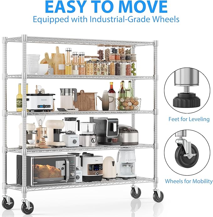 Homdox Heavy Duty Metal Shelves for Storage, 5 Tier Storage Racks and Shelving, Commercial Adjustable Wire Shelving Unit on Wheels, Garage Rack Pantry Shelves Kitchen Shelving, 18"x60"x82", Chrome