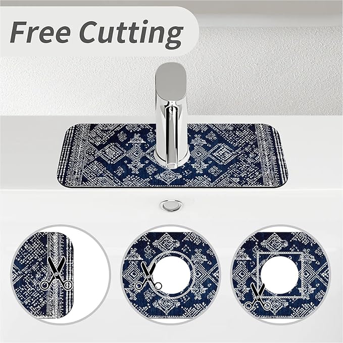 Kitchen Sink Splash Guard，Blue and White Tribal Faucet Mat Sink Gadgets-Super Absorbent Fast Drying Mat Drip Catcher for Kitchen, Bathroom,Sink Mat, Dish Drying Mat, Bathroom(15" X 5.5" )