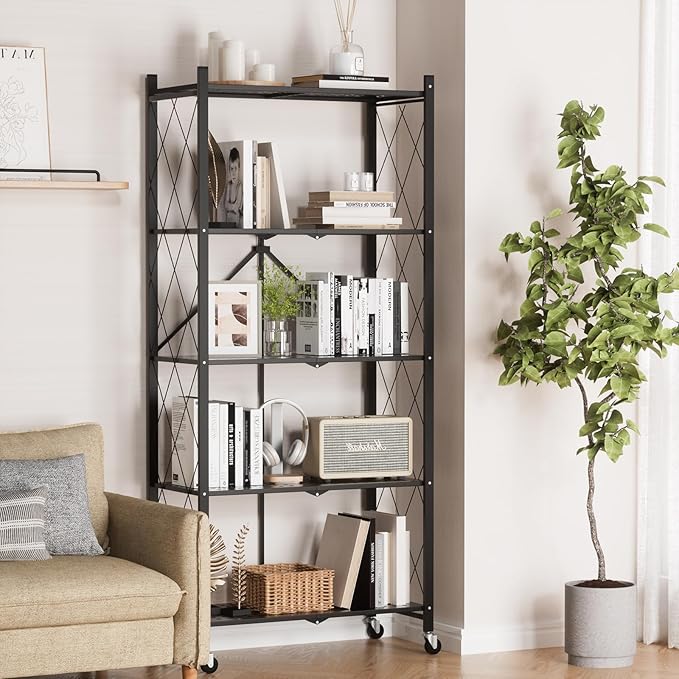 ALANNG 70.7" H Metal Storage Shelves, 5 Tier Folding Shelf on Wheels, Heavy Duty, No Assembly, Rolling, Collapsible Rack Unit for Kitchen, Basement, Pantry (Black,1 Pack)